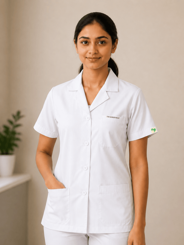 WHITE HALF SLEEVE LAB COAT FOR WOMEN