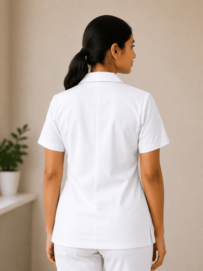 WHITE HALF SLEEVE LAB COAT FOR WOMEN
