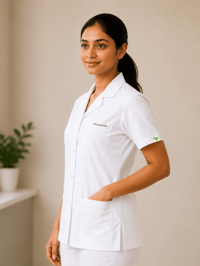 WHITE HALF SLEEVE LAB COAT FOR WOMEN