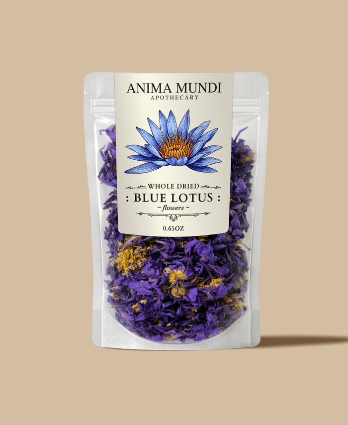 Packaged dried blue lotus flowers with Anima Mundi Apothecary label on a beige background