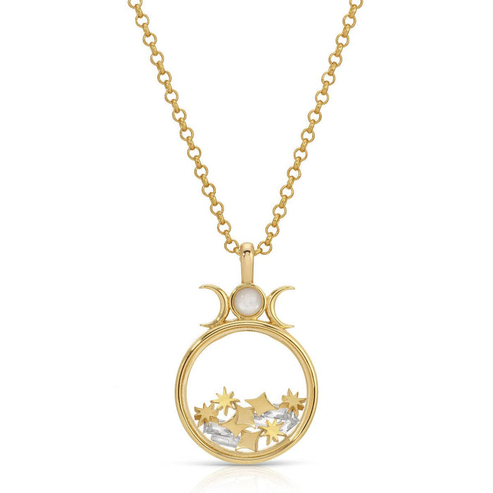 Gold floating shaker locket necklace with round mother-of-pearl charm and star cutouts