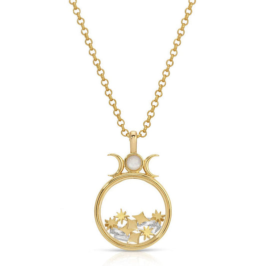Gold floating shaker locket necklace with round mother-of-pearl charm and star cutouts
