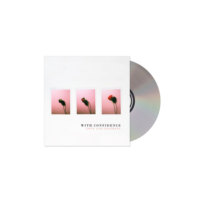 A With Confidence CD for the album Love and Loathing, featuring tracks like Icarus and Moving Boxes. The cover shows three photos of a red rose on pink, arranged in a row on a white square, with the CD partially shown to the right.