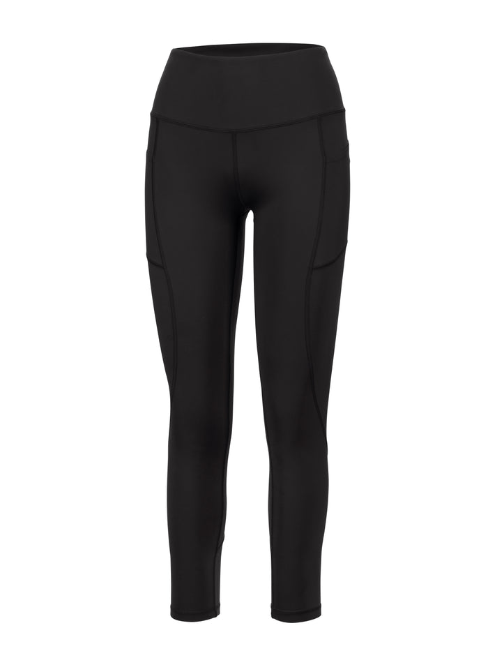 High-waist black athletic leggings with ankle-length legs, side patch pockets and flatlock seam detailing.