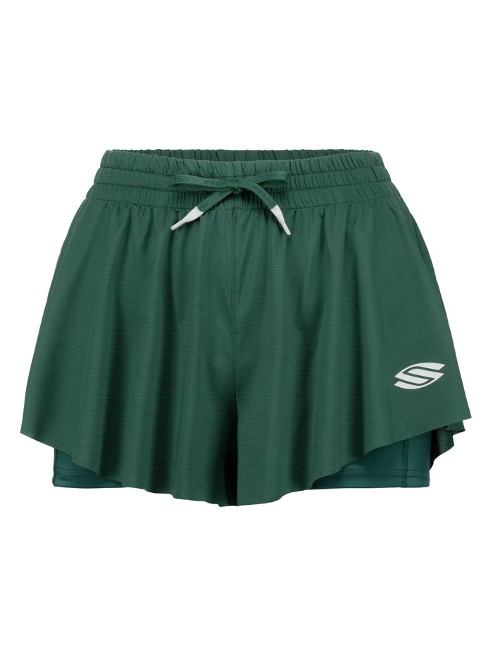 Green layered running shorts with inner compression liner, elastic drawstring waist and white S logo on right hem.