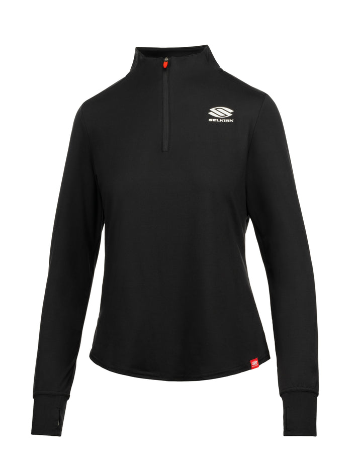 Black women's long-sleeve quarter-zip pullover with SELKIRK logo on left chest and small red hem tag.