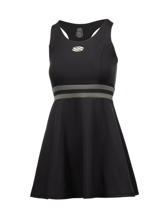 Black athletic tennis dress with racerback, gray double-striped waist and white stylized "S" logo on chest
