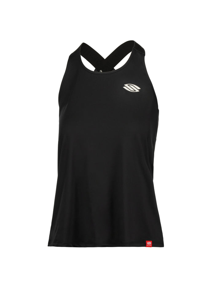 Black women's racerback athletic tank top with crossed straps and small white chest logo