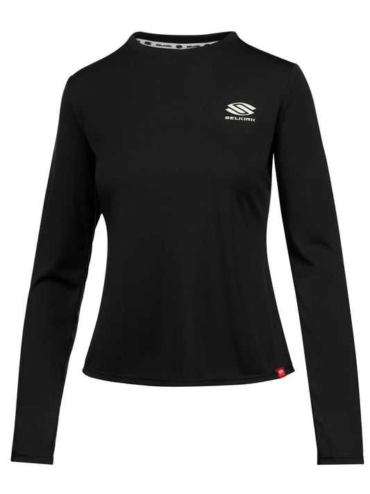 Black long-sleeve crewneck athletic shirt with SELKIRK logo on left chest