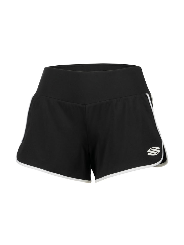 Black athletic shorts with high wide waistband, white piping along the hem and Skechers 'S' logo on the right leg.