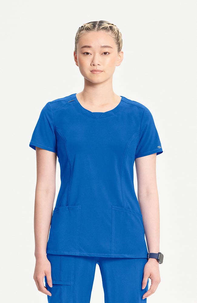 Women's Scrub Set: Split Round Neck Solid Scrub Top & Rib-Knit Drawstring Waist Scrub Pant