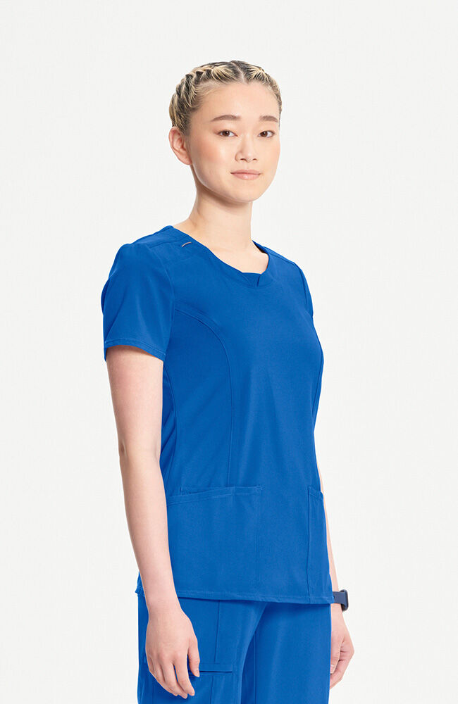 Women's Scrub Set: Split Round Neck Solid Scrub Top & Rib-Knit Drawstring Waist Scrub Pant