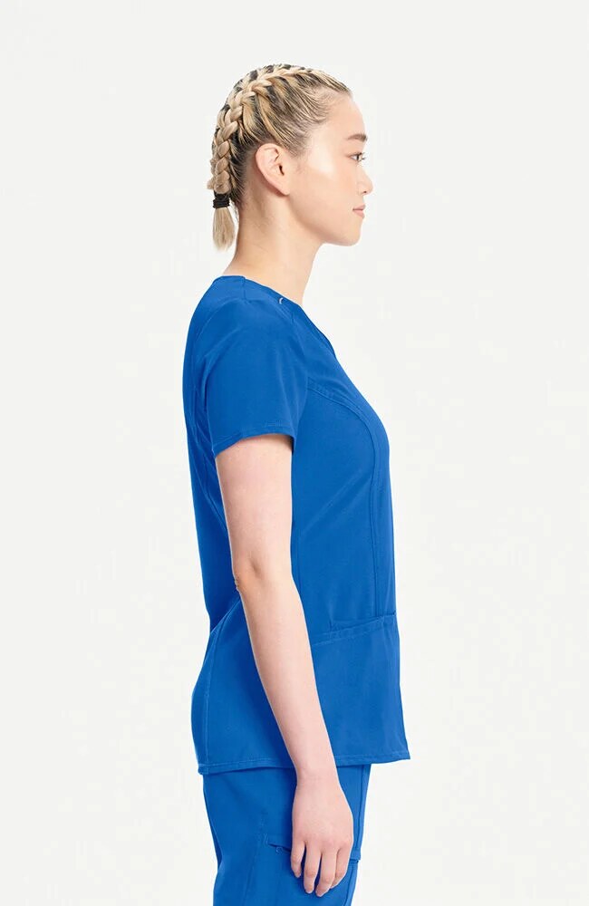 Women's Scrub Set: Split Round Neck Solid Scrub Top & Rib-Knit Drawstring Waist Scrub Pant
